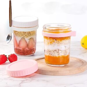 Kryhonva 2 Pack Glass Overnight Oats Container with Lids and Spoon, Overnight Oats Jars with Measurement Marks, Mason Jars for Milk, Vegetable and fruit Salad Storage Container (White+Pink)
