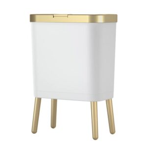 huaqinglian 4gallon bathroom trash can with lid, small kitchen garbage can,slim bedroom trash bin wastebasket plastic for office/toilet/living room（white with gold edge）