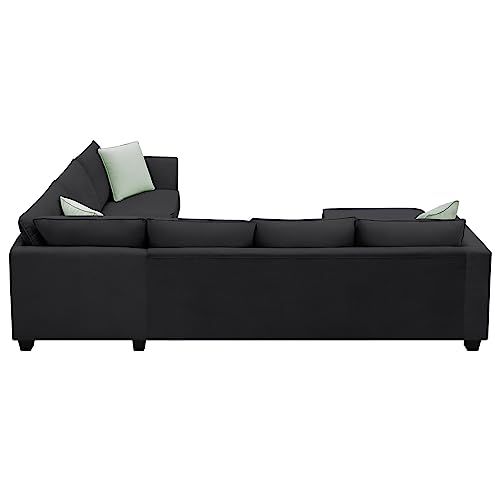 P PURLOVE Modern Large Sectional Sofa, L Shape Fabric Sofa Corner Couch Set with Ottoman and 3 Pillows, Extra Wide Chaise Lounge Couch for Living Room Apartment, Black
