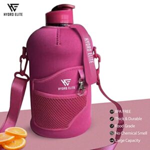 Hydro Elite Large 2.2 Liter Water Bottle - XL,Stylish Fabric Cover with Mesh Zipper Pocket, Adjustable Carry Strap (Pink)