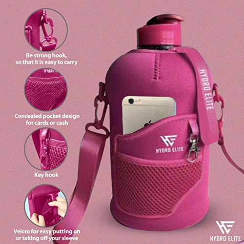 Hydro Elite Large 2.2 Liter Water Bottle - XL,Stylish Fabric Cover with Mesh Zipper Pocket, Adjustable Carry Strap (Pink)