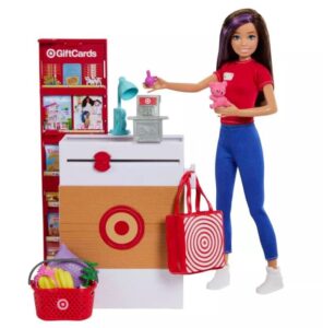 barbie doll skipper & playset, target supermarket with 25 grocery store-themed accessories including food, check-out counter & shelves