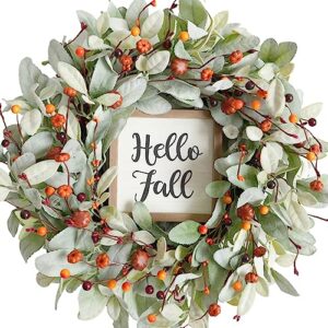 bibelot fall wreaths for front door, 18'' artificial eucalyptus leaves wreath with berries pumpkin,lambs ear wreath,autumn wreaths for front door outside porch wall farmhouse home decor …