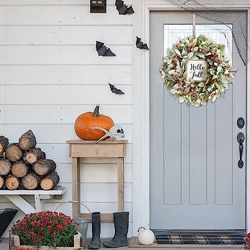 Bibelot Fall Wreaths for Front Door, 18'' Artificial Eucalyptus Leaves Wreath with Berries Pumpkin,Lambs Ear Wreath,Autumn Wreaths for Front Door Outside Porch Wall Farmhouse Home Decor …