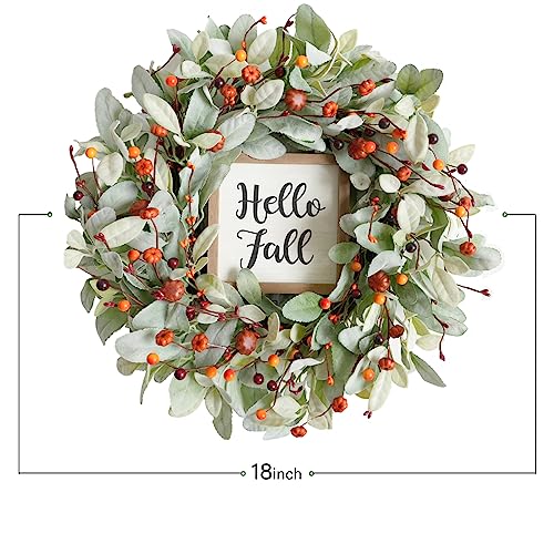 Bibelot Fall Wreaths for Front Door, 18'' Artificial Eucalyptus Leaves Wreath with Berries Pumpkin,Lambs Ear Wreath,Autumn Wreaths for Front Door Outside Porch Wall Farmhouse Home Decor …