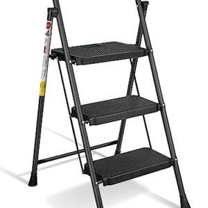 TICONN 3 Step Ladder, Heavy Duty Foldable Step Stool, 330lbs Rated Portable Steel Folding Stool with Wide Anti-Slip Steps and Handgrip for Household Garage Storage (Black)