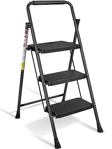 TICONN 3 Step Ladder, Heavy Duty Foldable Step Stool, 330lbs Rated Portable Steel Folding Stool with Wide Anti-Slip Steps and Handgrip for Household Garage Storage (Black)