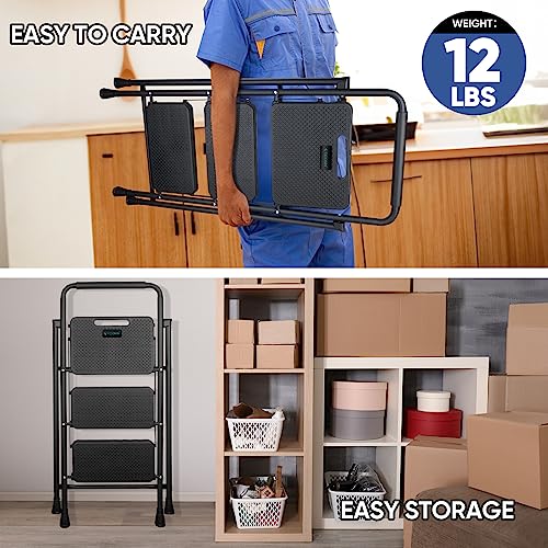 TICONN 3 Step Ladder, Heavy Duty Foldable Step Stool, 330lbs Rated Portable Steel Folding Stool with Wide Anti-Slip Steps and Handgrip for Household Garage Storage (Black)