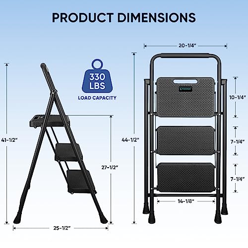 TICONN 3 Step Ladder, Heavy Duty Foldable Step Stool, 330lbs Rated Portable Steel Folding Stool with Wide Anti-Slip Steps and Handgrip for Household Garage Storage (Black)