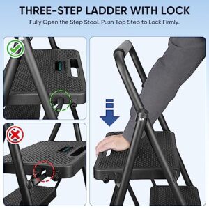 TICONN 3 Step Ladder, Heavy Duty Foldable Step Stool, 330lbs Rated Portable Steel Folding Stool with Wide Anti-Slip Steps and Handgrip for Household Garage Storage (Black)