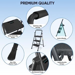 TICONN 3 Step Ladder, Heavy Duty Foldable Step Stool, 330lbs Rated Portable Steel Folding Stool with Wide Anti-Slip Steps and Handgrip for Household Garage Storage (Black)