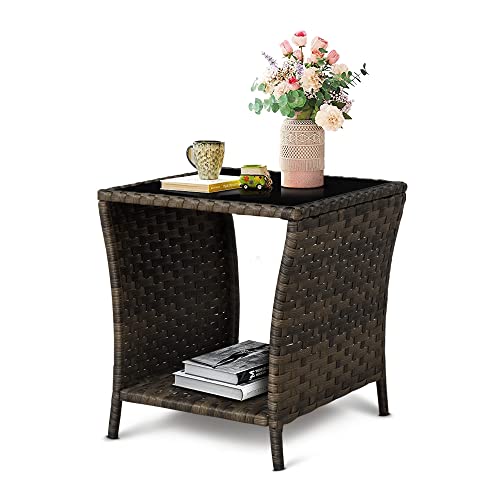 FIZZEEY Outdoor Side Table - Outdoor Wicker Side End Tables for Patio w/Storage Shelf, Brown