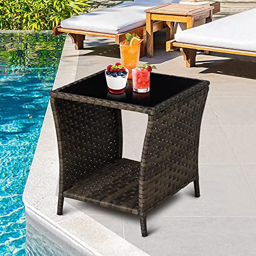 FIZZEEY Outdoor Side Table - Outdoor Wicker Side End Tables for Patio w/Storage Shelf, Brown