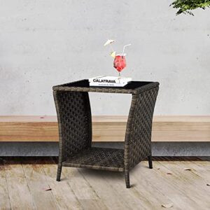 FIZZEEY Outdoor Side Table - Outdoor Wicker Side End Tables for Patio w/Storage Shelf, Brown