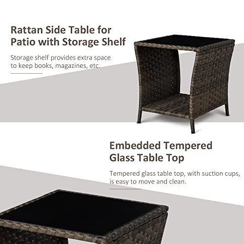 FIZZEEY Outdoor Side Table - Outdoor Wicker Side End Tables for Patio w/Storage Shelf, Brown