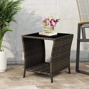 FIZZEEY Outdoor Side Table - Outdoor Wicker Side End Tables for Patio w/Storage Shelf, Brown