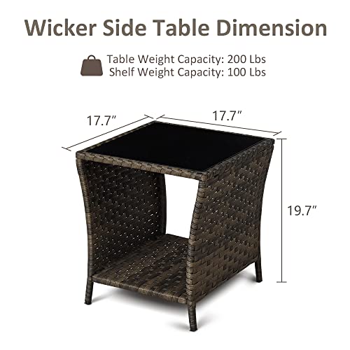 FIZZEEY Outdoor Side Table - Outdoor Wicker Side End Tables for Patio w/Storage Shelf, Brown