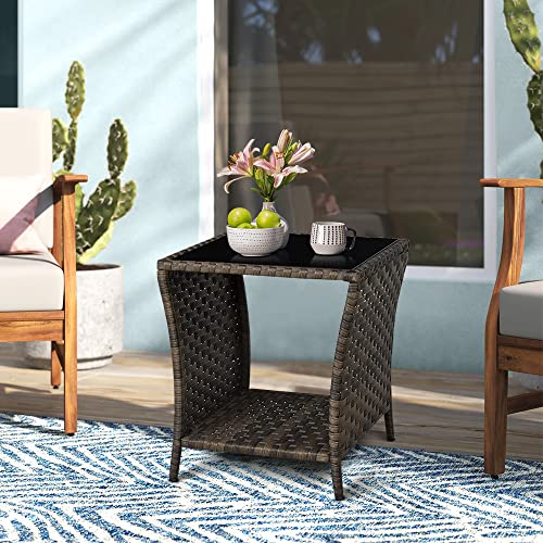 FIZZEEY Outdoor Side Table - Outdoor Wicker Side End Tables for Patio w/Storage Shelf, Brown