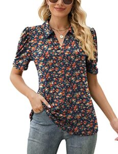 lomon womens collared shirts puff sleeve polo shirts short sleeve summer work tops navy blue floral xl