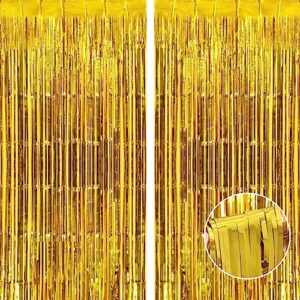 thicken gold foil fringe curtains decorations 3.2x8.2ft - 2 pack, photo backdrop for birthday bachelorette bridal shower baby shower graduation party, party streams decor