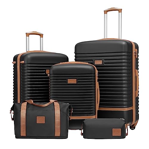 Coolife Suitcase Set 3 Piece Luggage Set Carry On Travel Luggage TSA Lock Spinner Wheels Hardshell Lightweight Luggage Set(Black, 5 piece set)