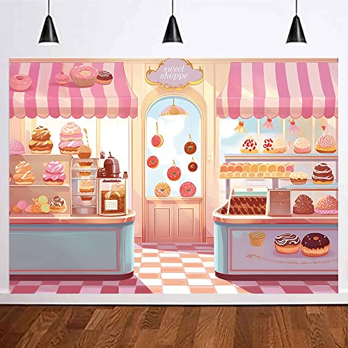 MAQTT Sweet Shoppe Backdrop for Girls Birthday Party Decoration Pink Sweet Shoppe Photography Background for Baby Shower Cute Cream Cake Photo Booth Studio Cake Table Decor 7X5ft