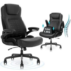 flysky comfortable executive ergonomic office chair - wide high back office chairs for heavy people, pu leather computer desk chair with flip-up armrest, adjustable height pc work chair (black)