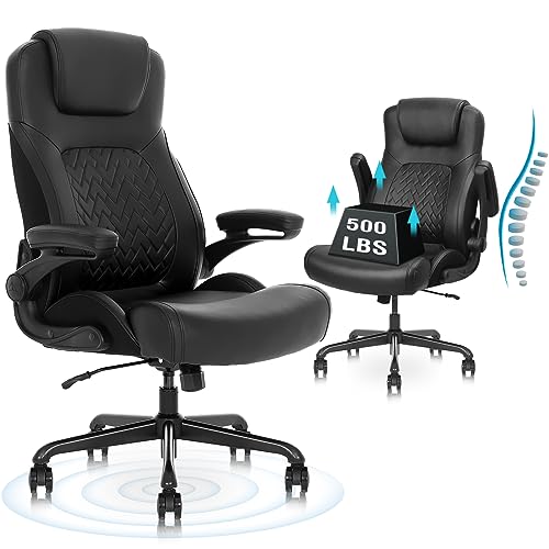 Flysky Comfortable Executive Ergonomic Office Chair - Wide High Back Office Chairs for Heavy People, PU Leather Computer Desk Chair with Flip-up Armrest, Adjustable Height PC Work Chair (Black)