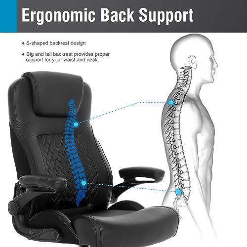 Flysky Comfortable Executive Ergonomic Office Chair - Wide High Back Office Chairs for Heavy People, PU Leather Computer Desk Chair with Flip-up Armrest, Adjustable Height PC Work Chair (Black)