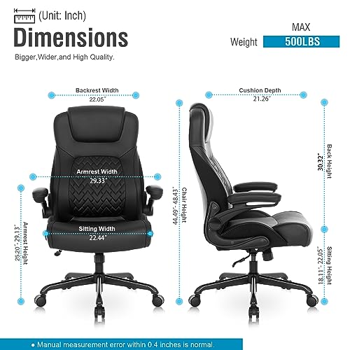 Flysky Comfortable Executive Ergonomic Office Chair - Wide High Back Office Chairs for Heavy People, PU Leather Computer Desk Chair with Flip-up Armrest, Adjustable Height PC Work Chair (Black)