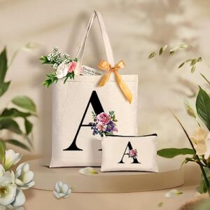 AUNOOL Personalized Initial Canvas Tote Bag Makeup Bag for Women, Monogrammed Gifts for Women Teacher Bridesmaid, Reusable Grocery Bags for Wedding Holiday Shopping Travel Letter M