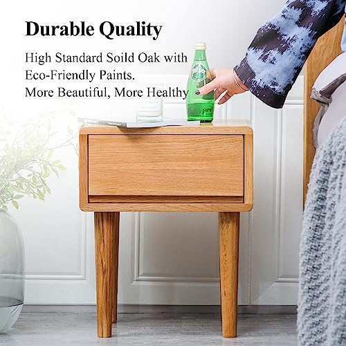 Cttasty Nightstand, Solid Wood Bedside Tables with Drawer, Mid Century Modern Nightstand, End Table with High Stool Leg, 15.74" L x 13.78" W x 19.69" H, Durable & Sturdy Small End Table, Natural