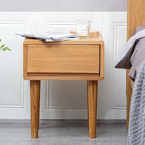 Cttasty Nightstand, Solid Wood Bedside Tables with Drawer, Mid Century Modern Nightstand, End Table with High Stool Leg, 15.74" L x 13.78" W x 19.69" H, Durable & Sturdy Small End Table, Natural