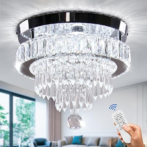 Cainjiazh 11.8" Dimmable Crystal Chandelier Crystal Ceiling Light Modern Crystal Chandeliers Flush Mount Ceiling Light Lamp Fixture for Dining Room Living Room Bedroom Hallway Remote Control