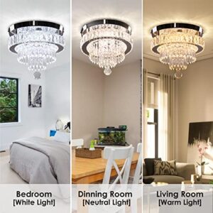 Cainjiazh 11.8" Dimmable Crystal Chandelier Crystal Ceiling Light Modern Crystal Chandeliers Flush Mount Ceiling Light Lamp Fixture for Dining Room Living Room Bedroom Hallway Remote Control