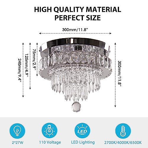 Cainjiazh 11.8" Dimmable Crystal Chandelier Crystal Ceiling Light Modern Crystal Chandeliers Flush Mount Ceiling Light Lamp Fixture for Dining Room Living Room Bedroom Hallway Remote Control