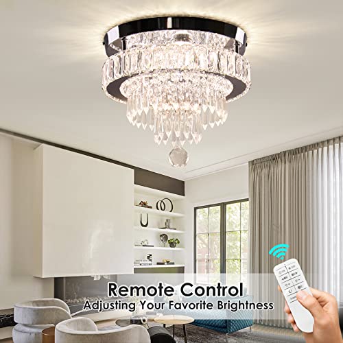 Cainjiazh 11.8" Dimmable Crystal Chandelier Crystal Ceiling Light Modern Crystal Chandeliers Flush Mount Ceiling Light Lamp Fixture for Dining Room Living Room Bedroom Hallway Remote Control