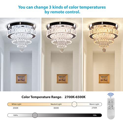 Cainjiazh 11.8" Dimmable Crystal Chandelier Crystal Ceiling Light Modern Crystal Chandeliers Flush Mount Ceiling Light Lamp Fixture for Dining Room Living Room Bedroom Hallway Remote Control