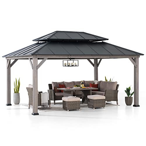 Sunjoy 12 x 16 ft. Wood Gazebo, Outdoor Patio Steel Hardtop Gazebo, Cedar Framed Wooden Gazebo with 2-Tier Metal Roof, Suitable for Patios, Lawn and Backyard, Matte Black Roof + Gray Wood Frame