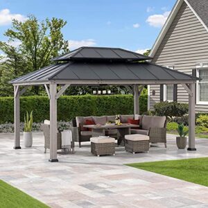 Sunjoy 12 x 16 ft. Wood Gazebo, Outdoor Patio Steel Hardtop Gazebo, Cedar Framed Wooden Gazebo with 2-Tier Metal Roof, Suitable for Patios, Lawn and Backyard, Matte Black Roof + Gray Wood Frame