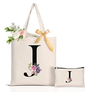 aunool monogram tote bag for bridesmaid wedding day, initial canvas makeup bag with zipper, personalized birthday gifts for women mom grandma sister friends, reusable grocery bag for shopping letter j