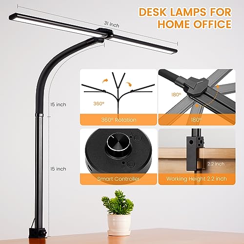 StarMoitic LED Desk Lamp for Home Office - Dual Swing Arm Eye-Caring Architect Task Lamp, 24W Adjustable Flexible Gooseneck Clamp Light, Infinitely Dimmable Modern Desk Lamp for Work/Study