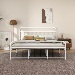 alazyhome california king bed frame metal platform with vintage headboard and footboard easy assembly no box spring needed steel slat support white