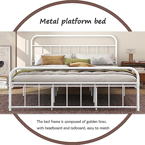 alazyhome California King Bed Frame Metal Platform with Vintage Headboard and Footboard Easy Assembly No Box Spring Needed Steel Slat Support White