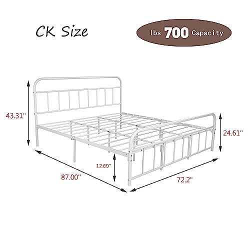 alazyhome California King Bed Frame Metal Platform with Vintage Headboard and Footboard Easy Assembly No Box Spring Needed Steel Slat Support White