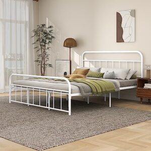 alazyhome California King Bed Frame Metal Platform with Vintage Headboard and Footboard Easy Assembly No Box Spring Needed Steel Slat Support White