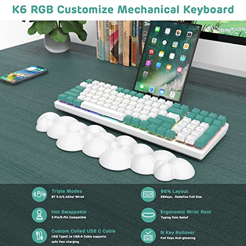 ATTACK SHARK K6 Bluetooth Keyboard 5.0/2.4G/USB-C-96% 100 Keys Wireless Gaming Keyboard 4000mAh Battery Hot Swappable Mechanical Keyboard RGB Wire-Cloud Wrist Rest for Computer Win/Mac(Clicky Blue)