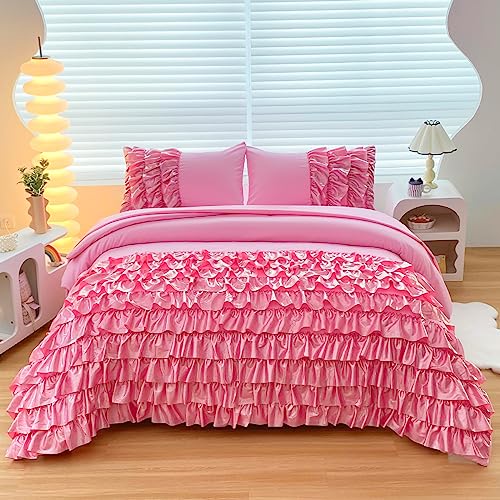 Tasselily Princess Ruffle Comforter Set Queen Szie, 5 Pcs Bed in a Bag Bling Shiny Sequin Ruffle Pink Bedding Set with Sheets for Girls/Woman