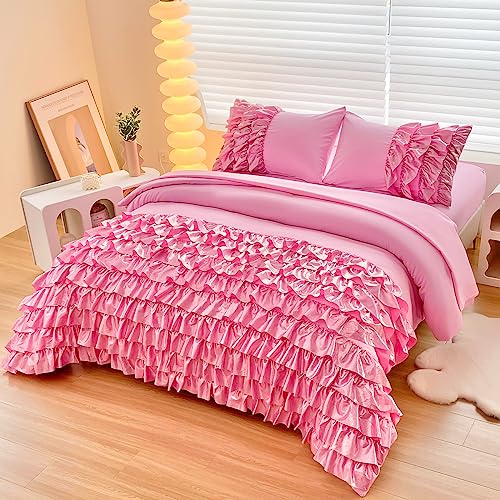 Tasselily Princess Ruffle Comforter Set Queen Szie, 5 Pcs Bed in a Bag Bling Shiny Sequin Ruffle Pink Bedding Set with Sheets for Girls/Woman