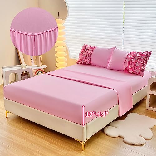 Tasselily Princess Ruffle Comforter Set Queen Szie, 5 Pcs Bed in a Bag Bling Shiny Sequin Ruffle Pink Bedding Set with Sheets for Girls/Woman